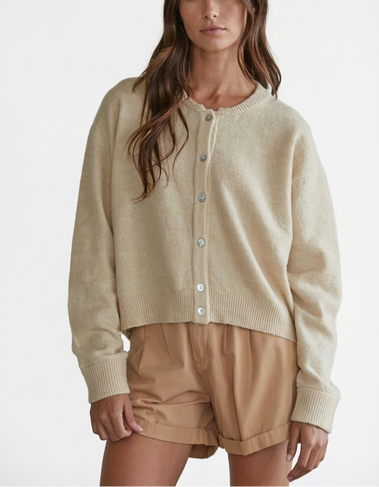 Soft Knit Crew Neck Button Front Cardigan Sweater