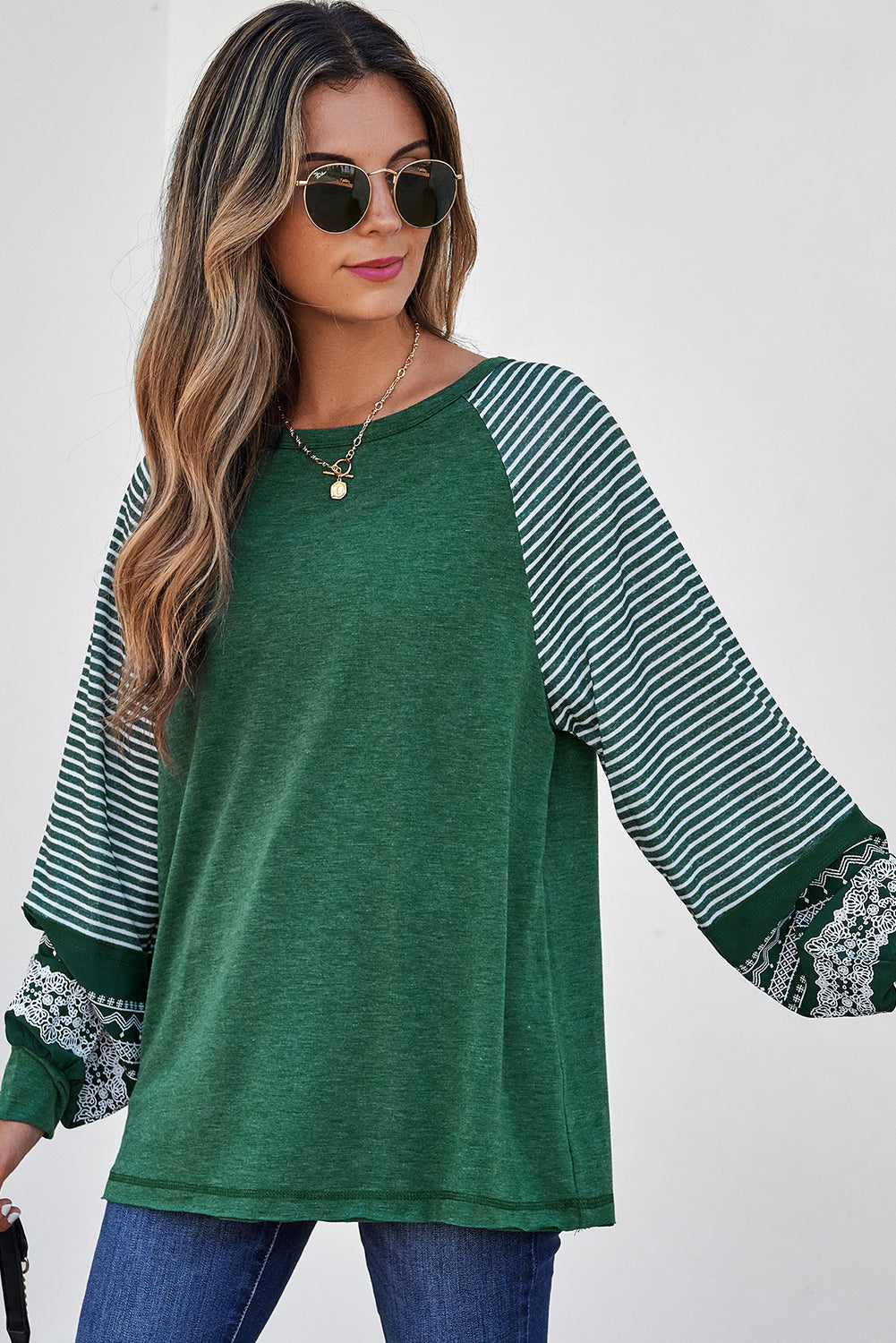 Tillandsia Purple Contrast Print Striped Raglan Long Sleeve Loose Top