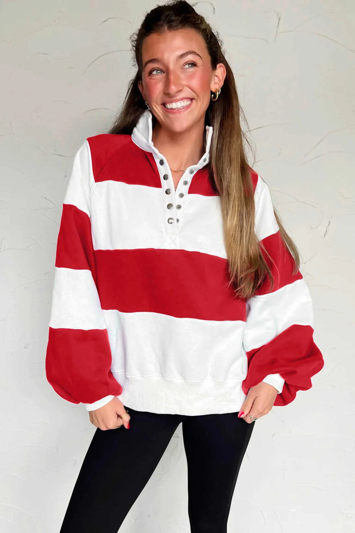 Dark Blue Striped Color Block Button V Neck Puff Sleeve Casual Sweatshirt