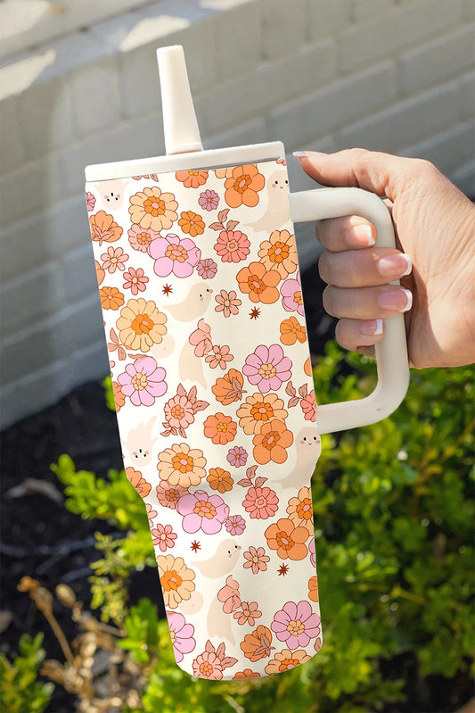 White Cute Floral Ghost Printed Flip Straw Stainless Steel Tumbler