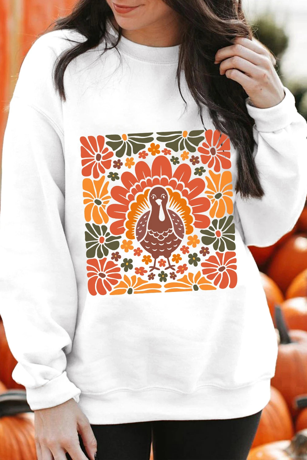 White Thanksgiving Turkey Graphic Holiday Crew Neck Sweatshirt