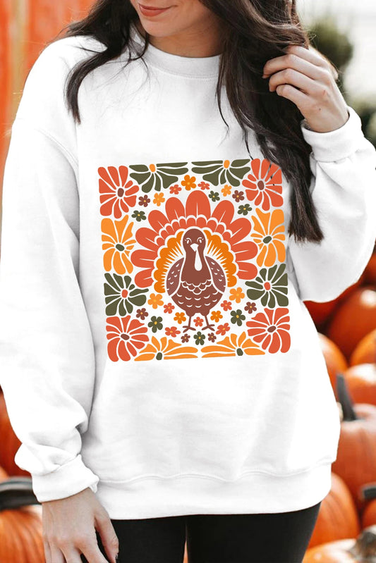 White Thanksgiving Turkey Graphic Holiday Crew Neck Sweatshirt