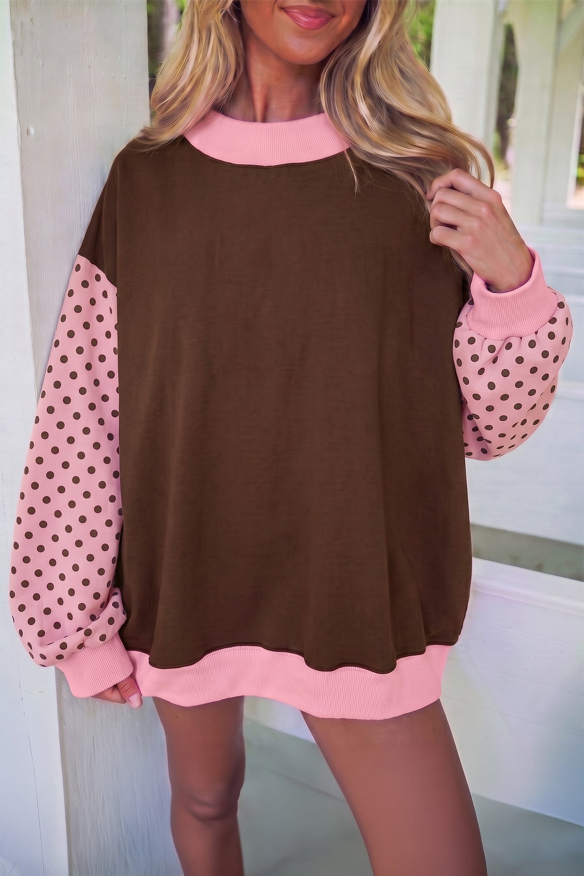 Coffee Colorblock Polka Dot Puff Sleeve Shift Tunic Pullover Sweatshirt