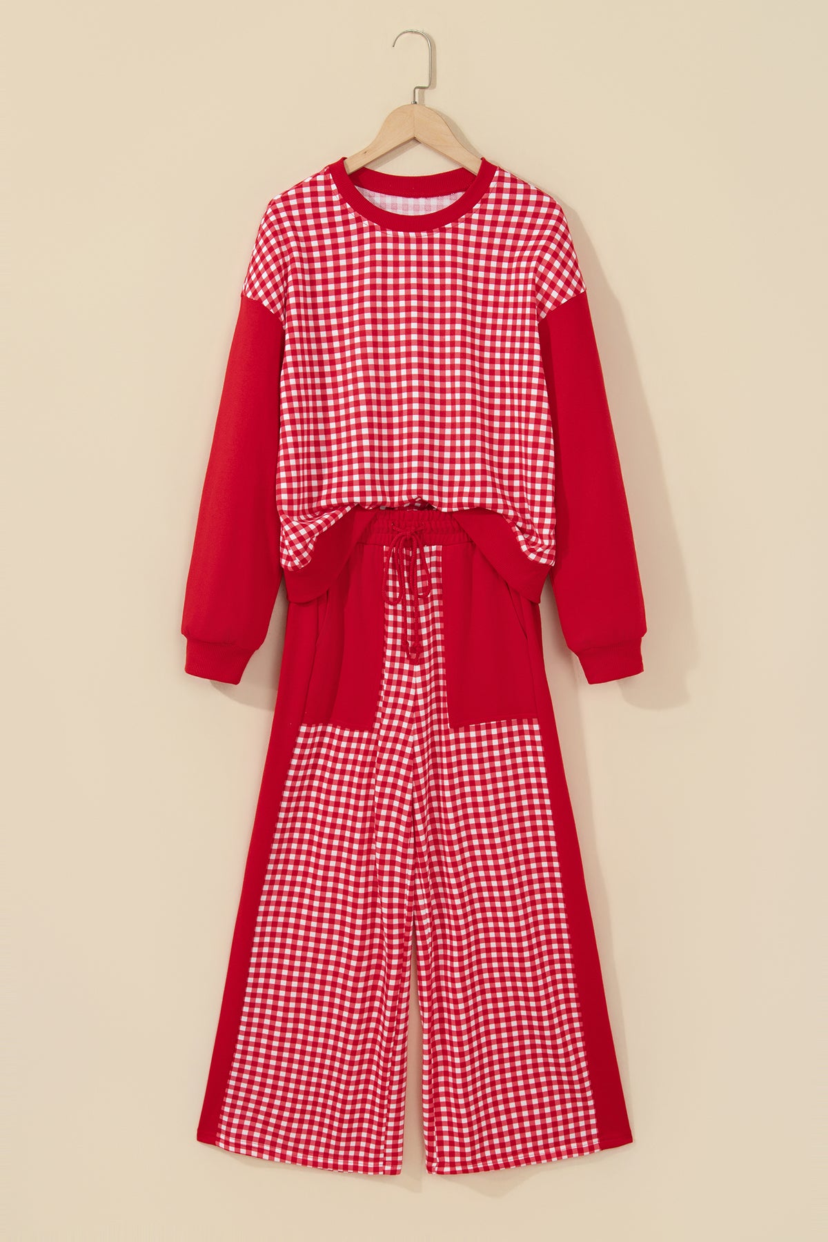 Khaki Color Block Plaid Patchwork Long Sleeve Pullover Wide Leg Pant Set