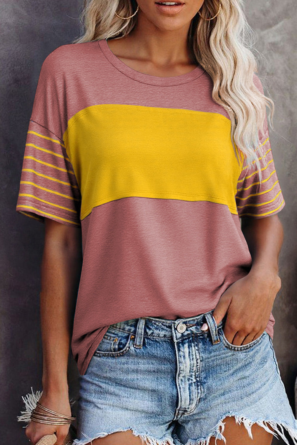 Laurel Green Color Block Striped Detail Loose T Shirt