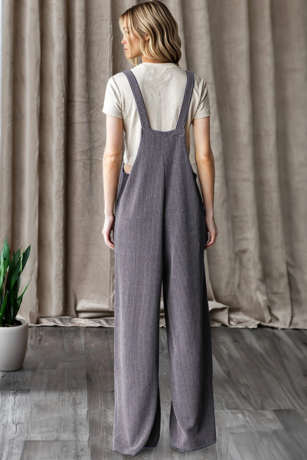 Parchment Ribbed Knit Patched Pocket Wide Leg Overalls