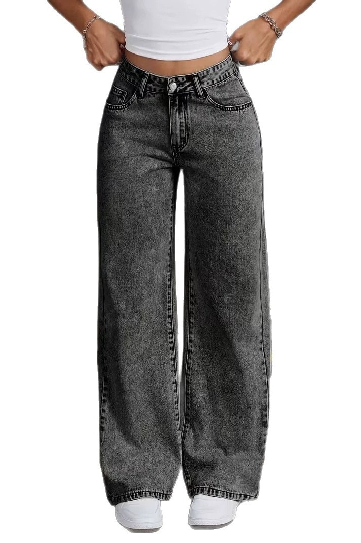 High Waisted Wide Leg Jeans Bow Embroidered Gray Wash