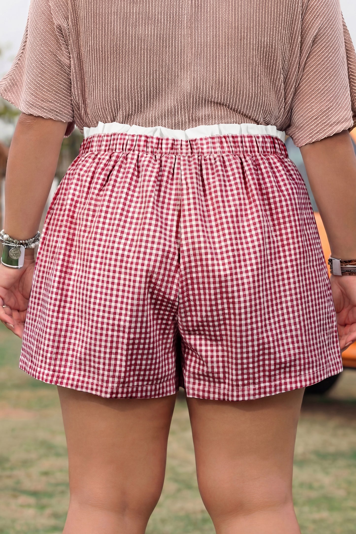 Red Contrast Trim Plaid Print Plus Size Shorts