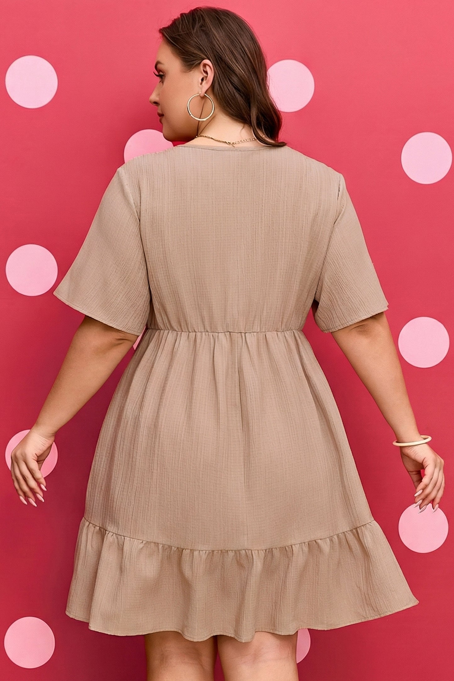 Dark Khaki Plus Size Textured Ruffled Short Sleeve Dress