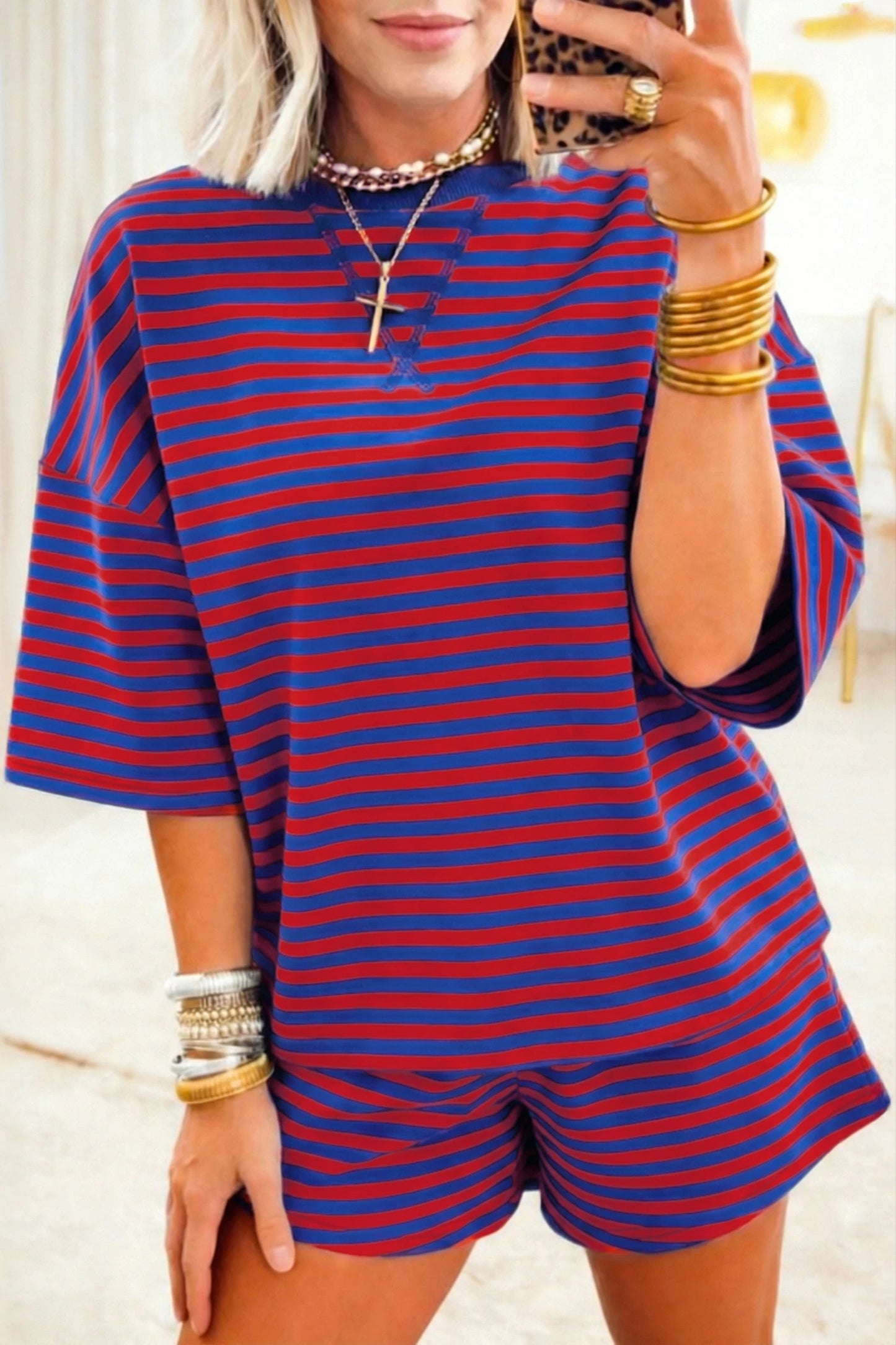 Stripe Dropped Shoulder Tee Loose 2pcs Short Set