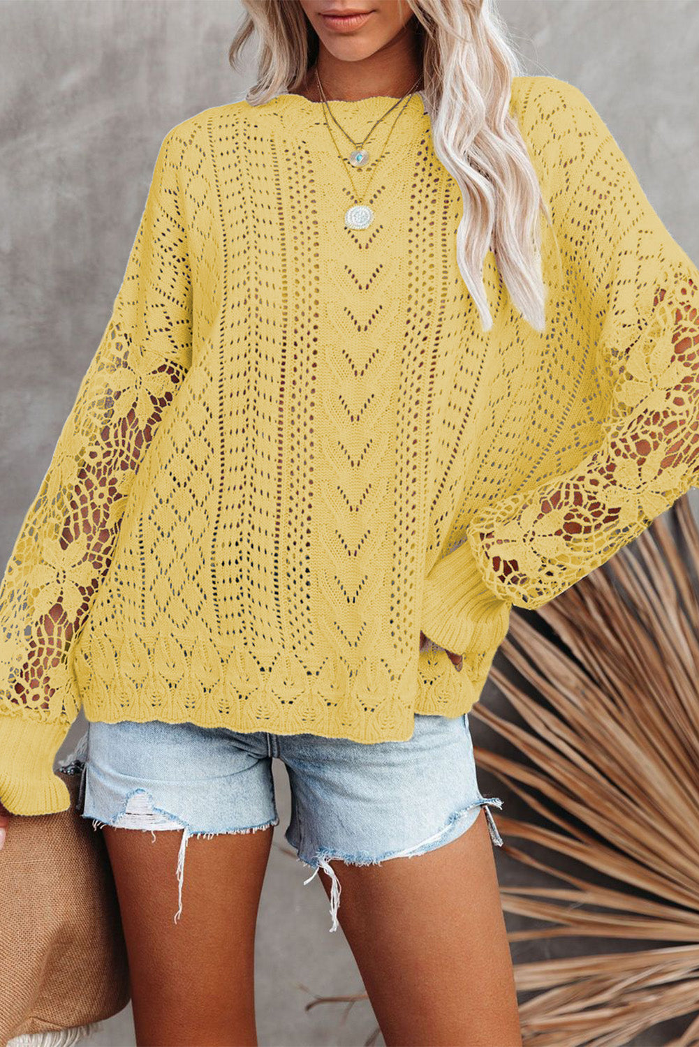 Yellow Crochet Lace Pointelle Knit Sweater