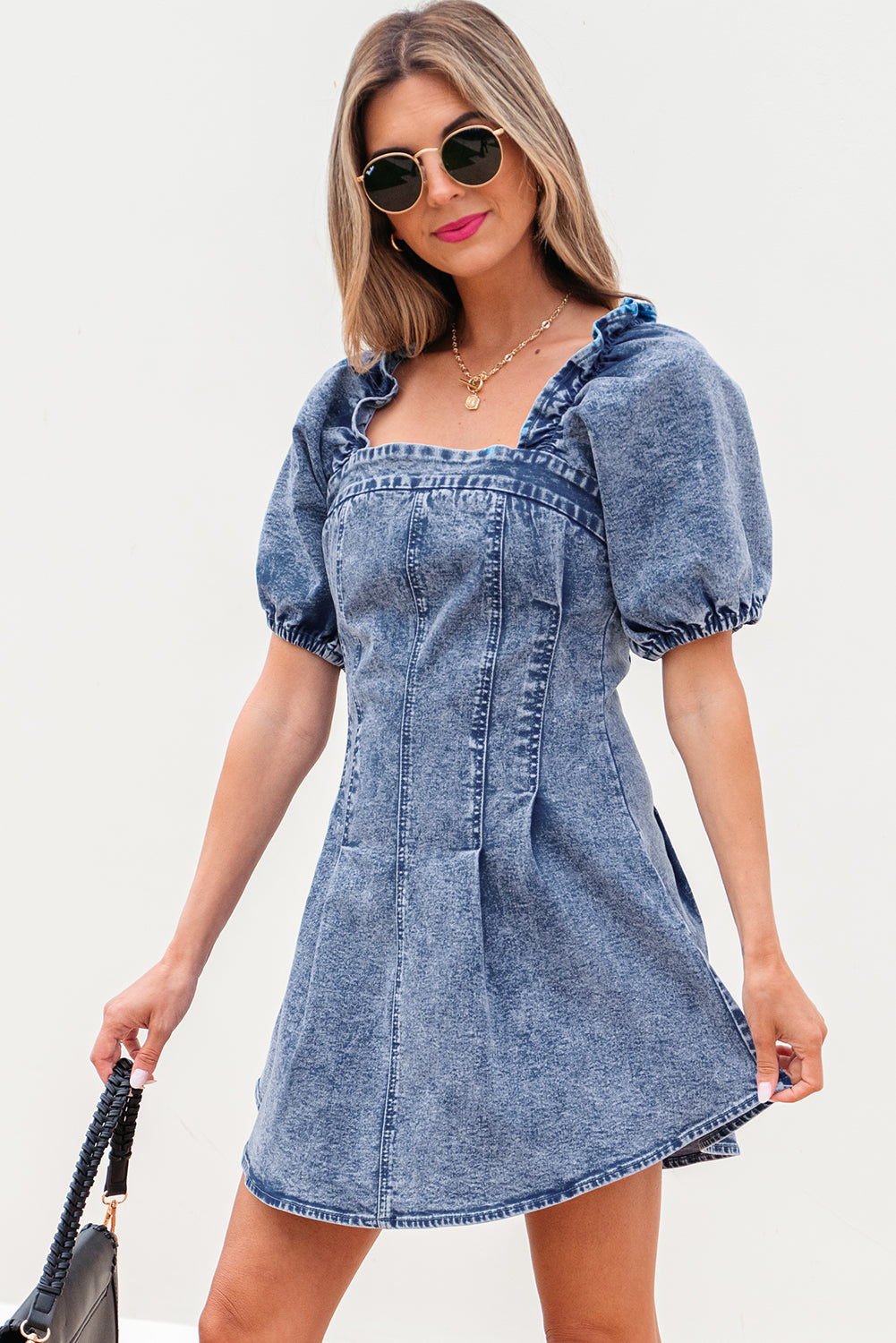 Frilly Square Neck Puff Sleeve Denim Bustier Dress