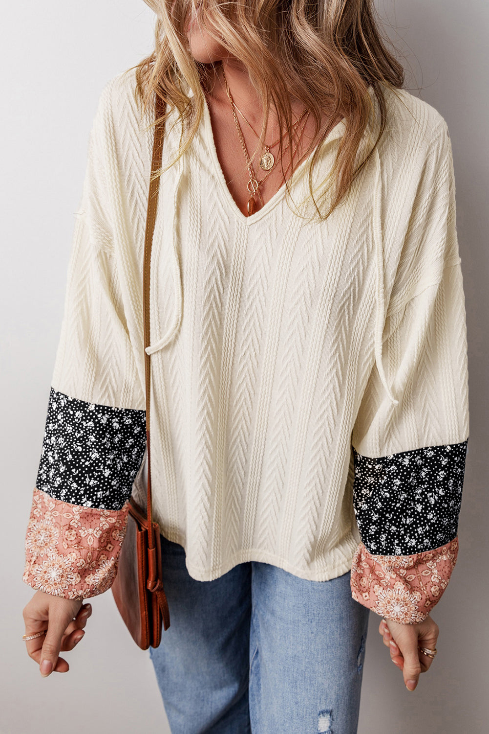 Floral Patchwork Textured Knit Drawstring V Neck Blouse