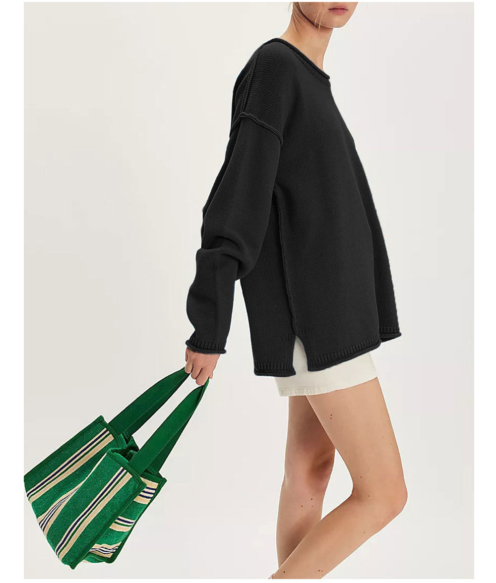 Oversized Crewneck Knit Sweater | Solid Color Pullover