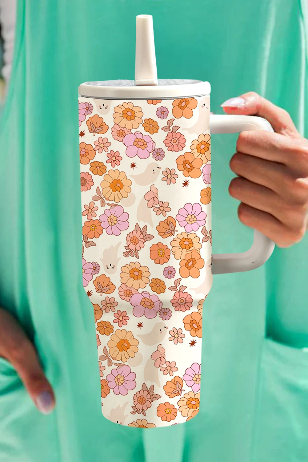 White Cute Floral Ghost Printed Flip Straw Stainless Steel Tumbler