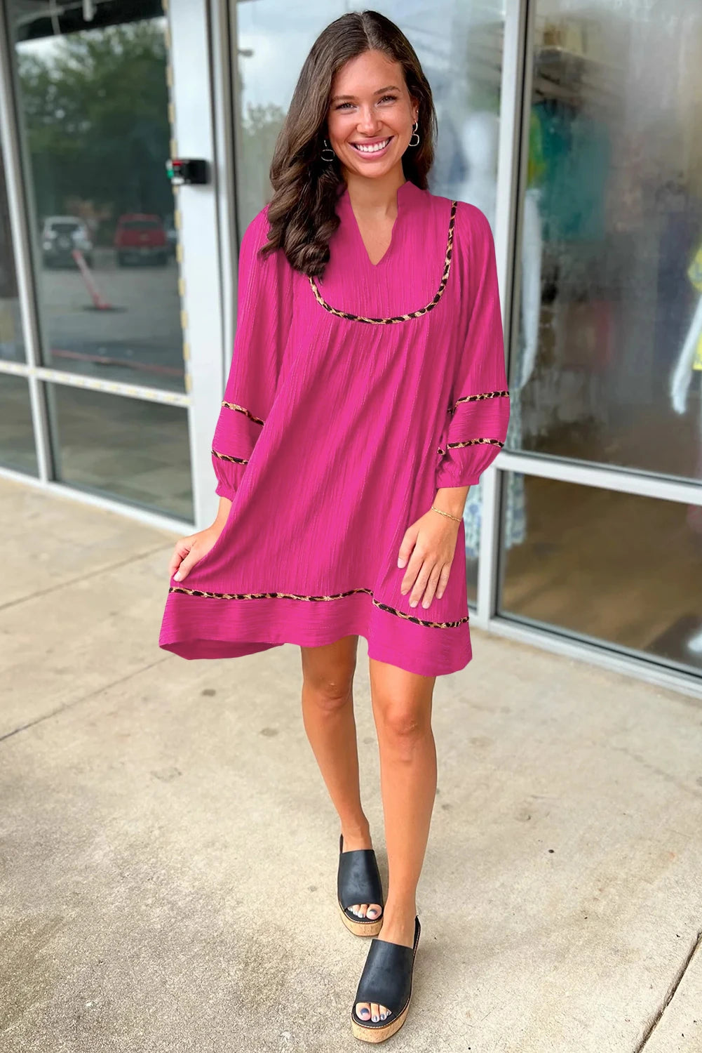 Fiery Red Textured V Neck Leopard Contrasted Trim Long Sleeve Shift Mini Dress