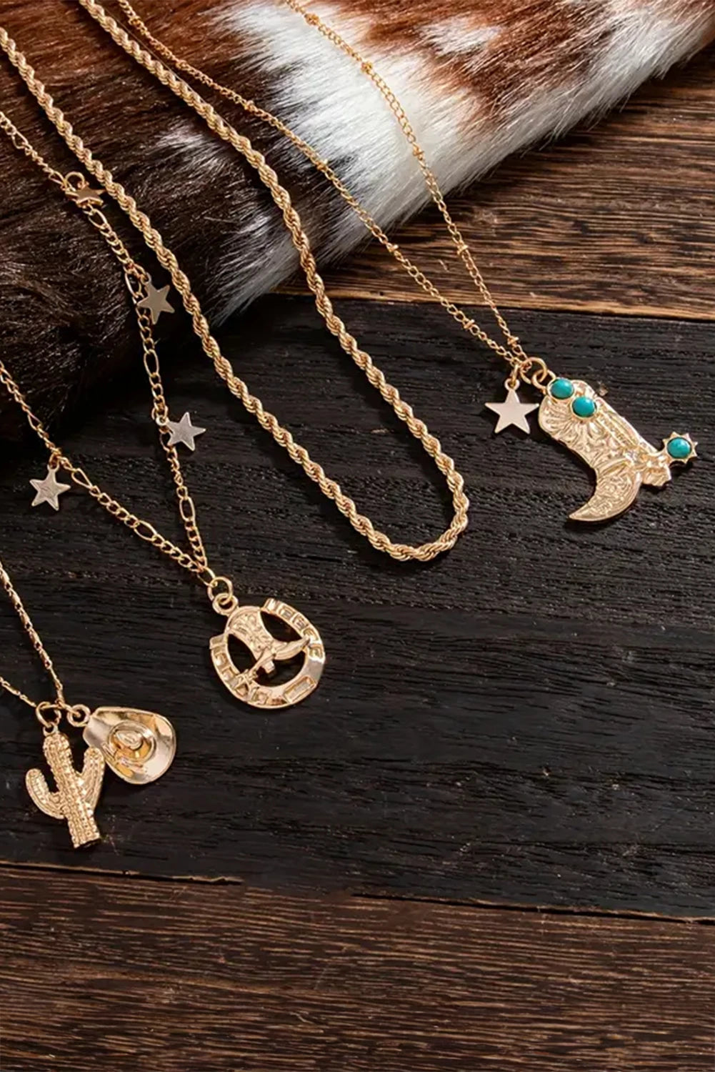 Gold 4pcs Alloy Plated Turquoise Boot Pendant Western Necklace Set