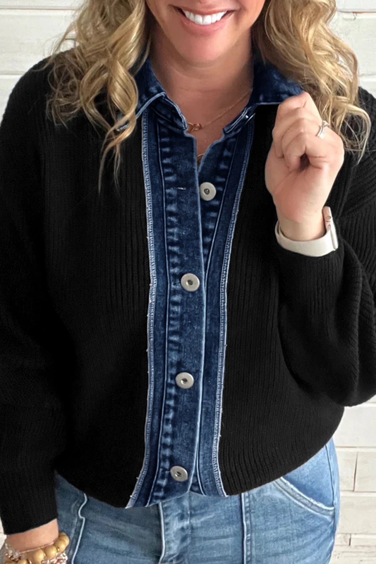 Parchment Drop Shoulder Placket Paneling Shirt Collar Long Sleeve Cardigan