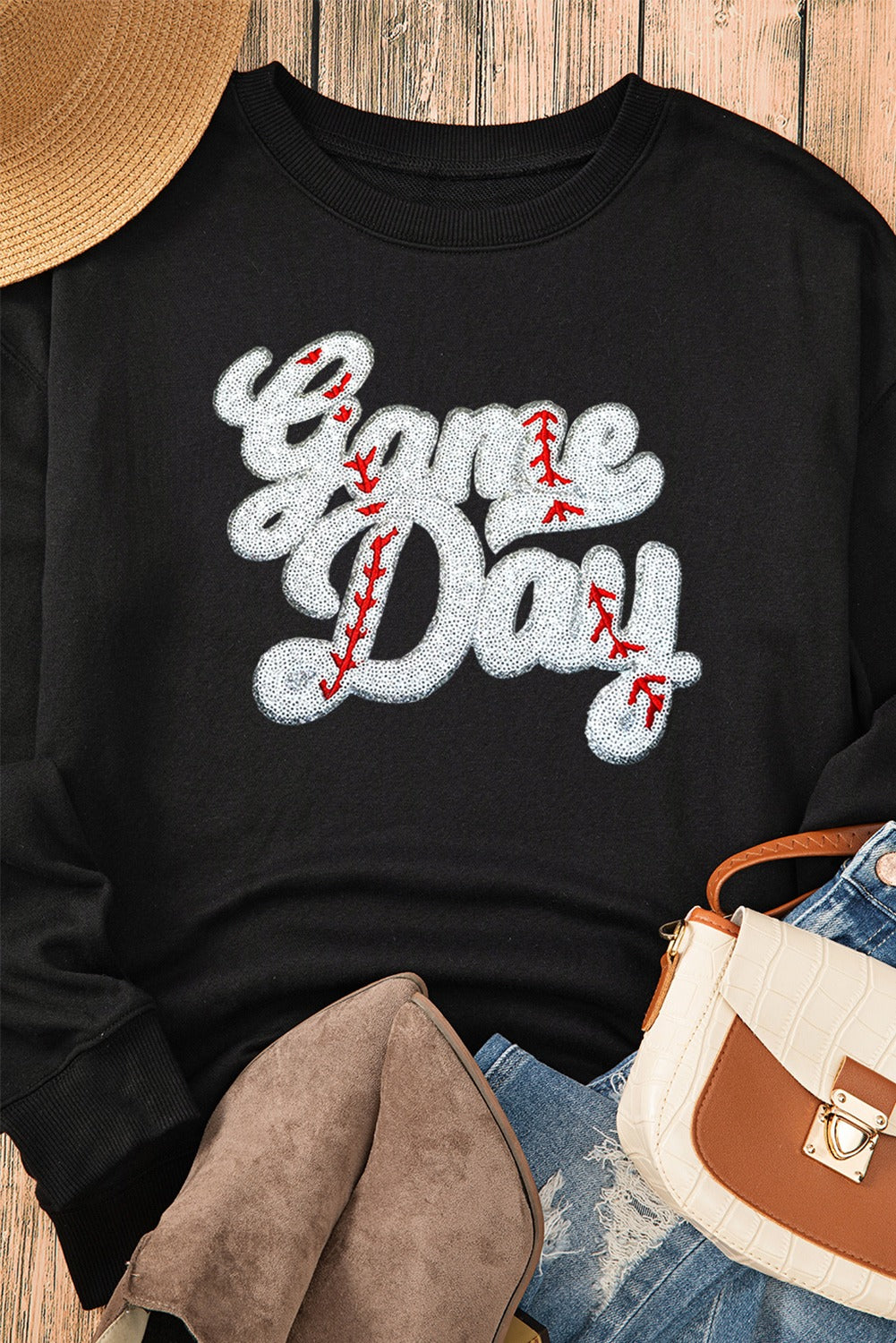Black Sequined Game Day Graphic Crew Neck Sweatshirt