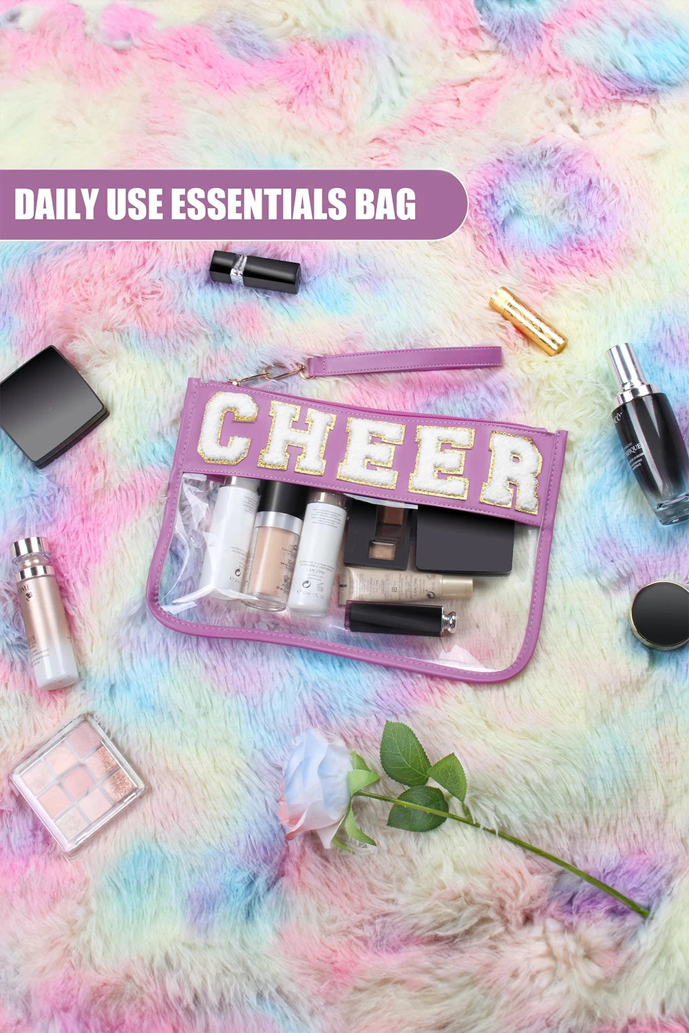 Chenille Letter PU Leather Patchwork Clear Makeup Bag