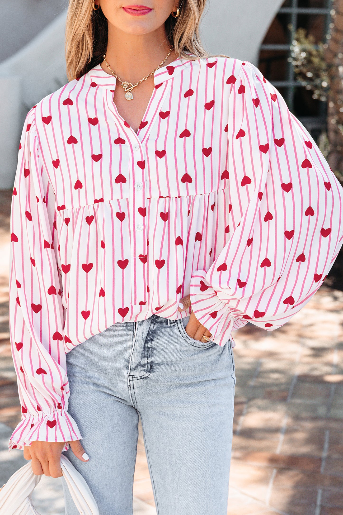 Pink Stripe Textured Heart Print Long Flounce Sleeve Shirt