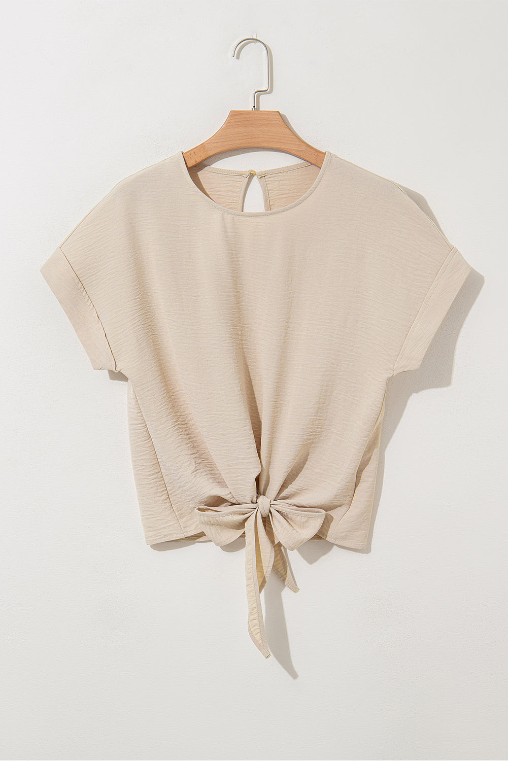 Parchment Solid Color Knotted Hem Short Sleeve Blouse