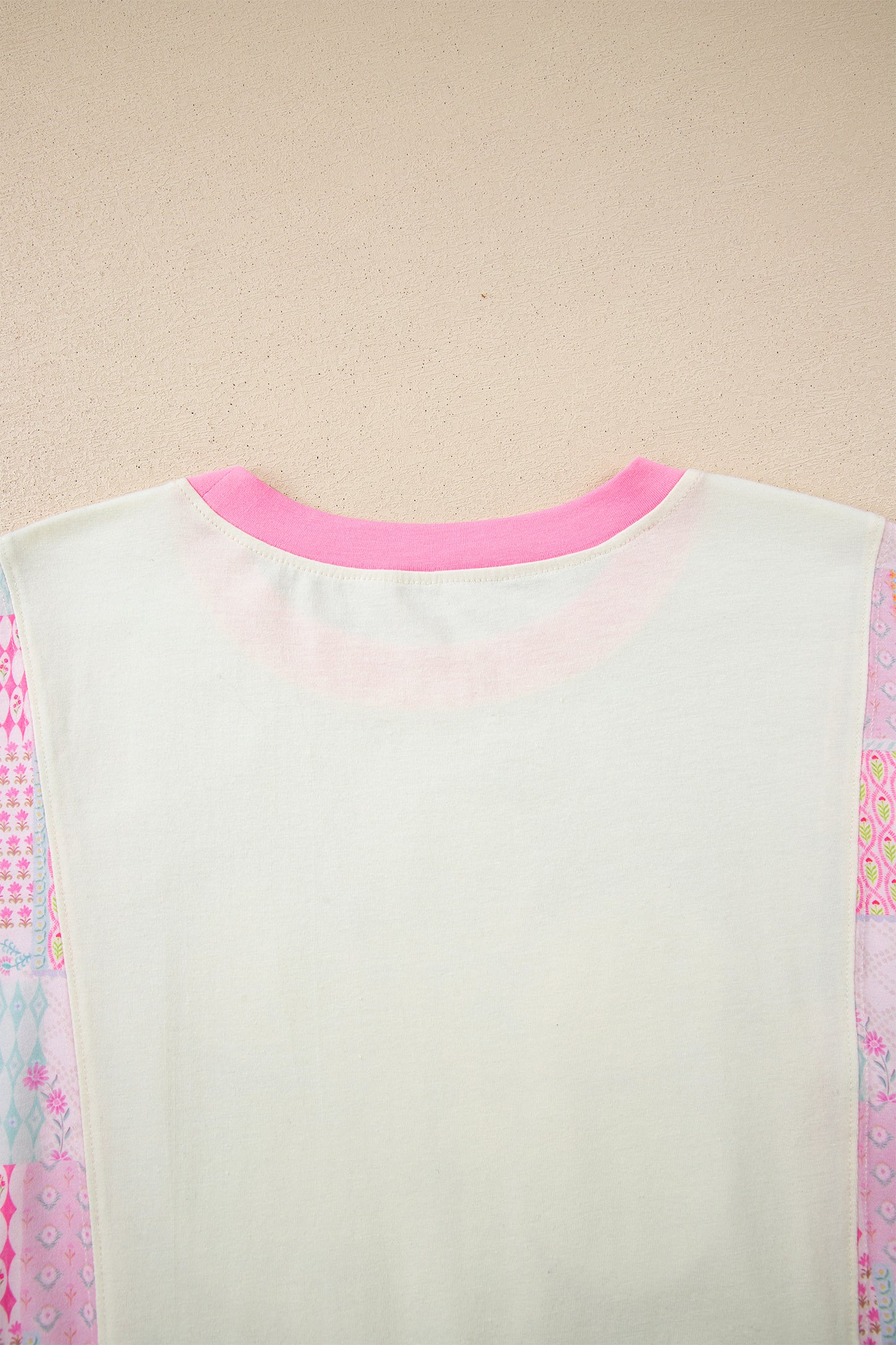 Beige Color Block Floral Patchwork Big Flower Accent Relaxed Top