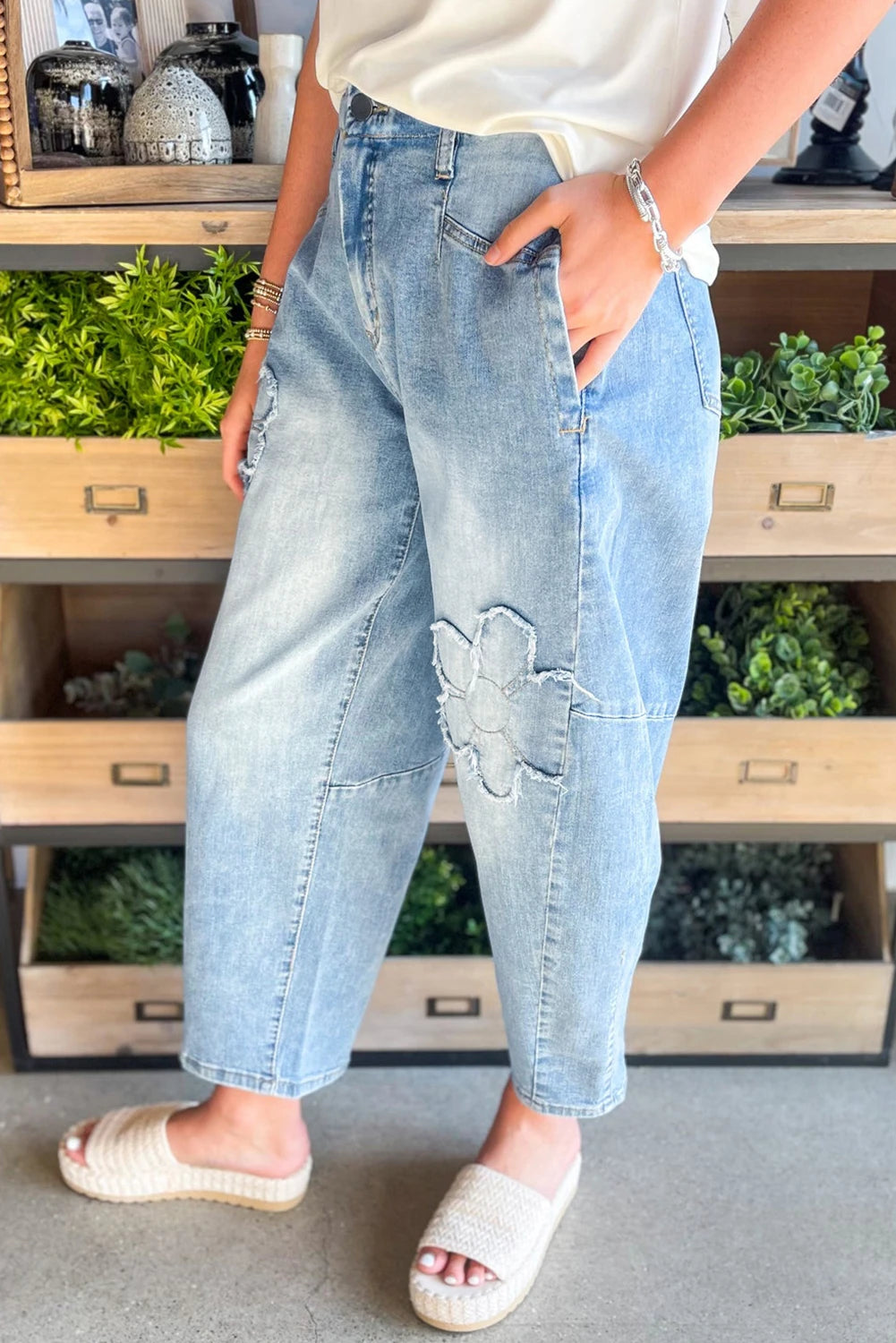 Beau Blue Flower Patched Light Wash Cropped High Waist Jeans