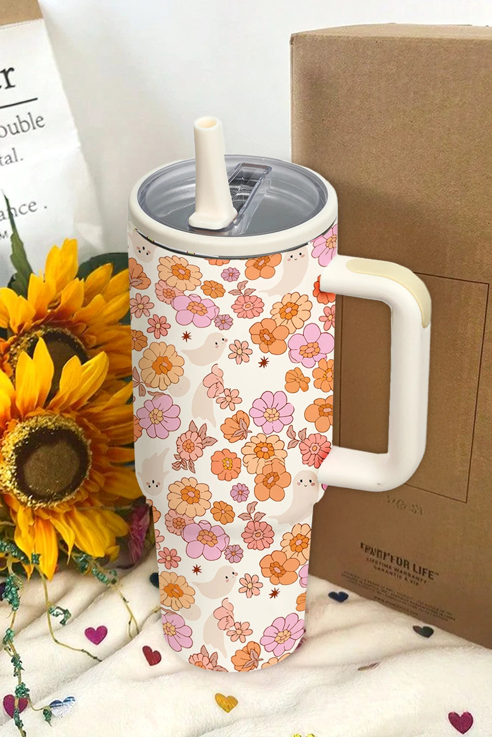 White Cute Floral Ghost Printed Flip Straw Stainless Steel Tumbler
