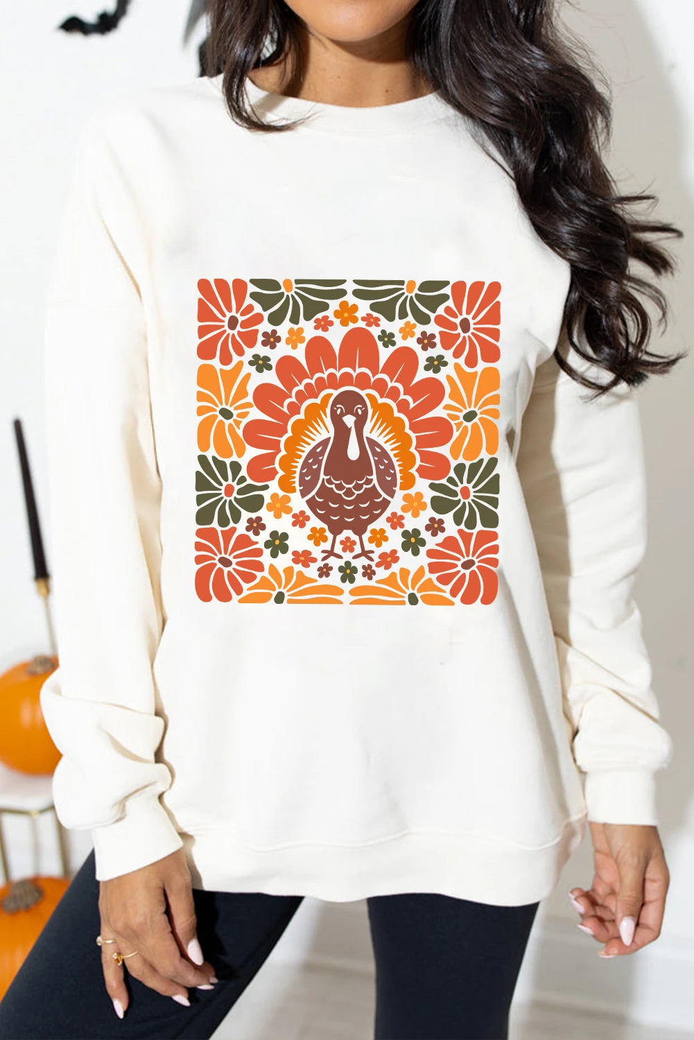 White Thanksgiving Turkey Graphic Holiday Crew Neck Sweatshirt
