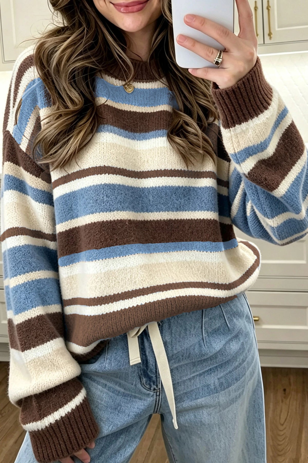 Orange Stripe Dropped Shoulder Loose Pullover Sweater