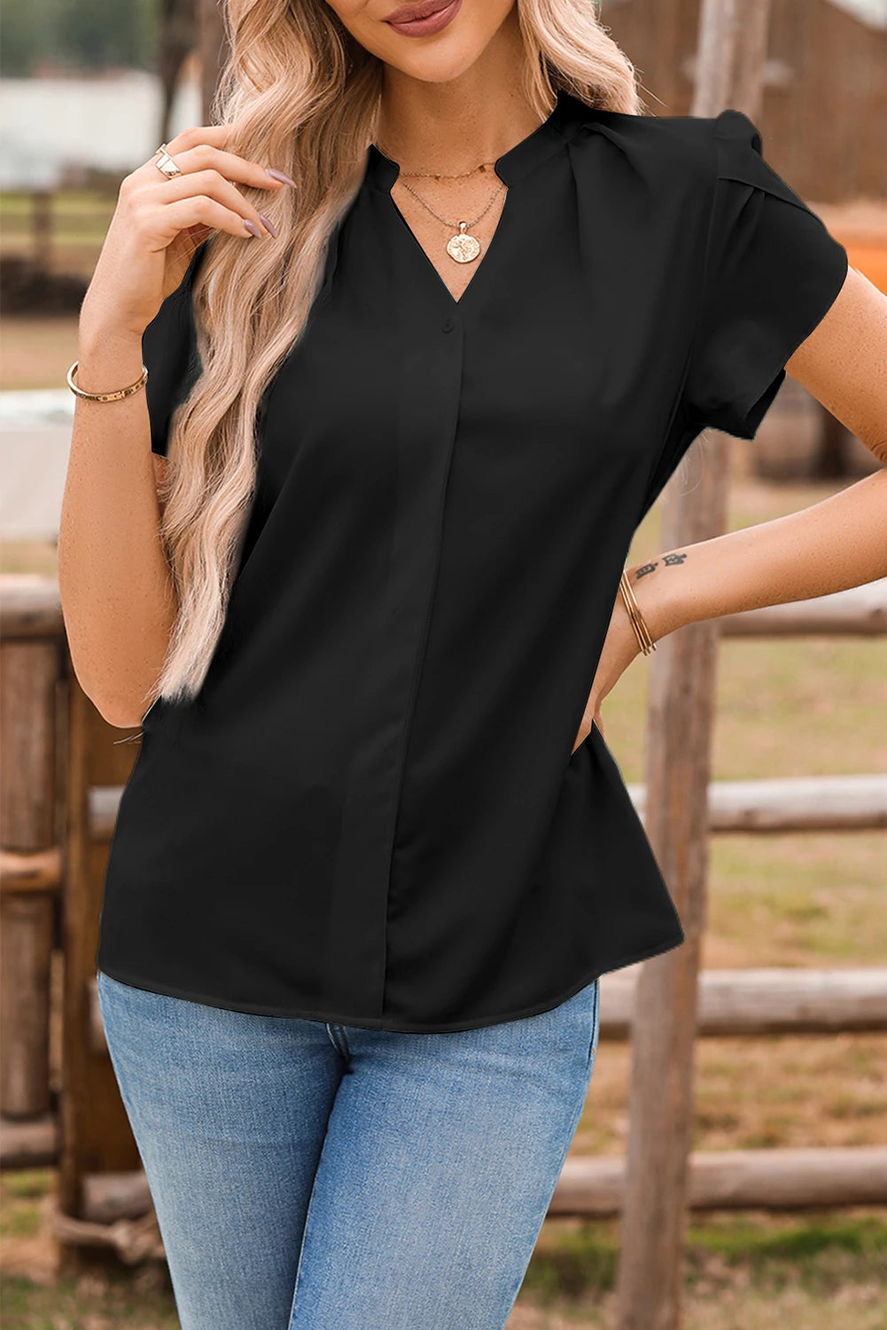Black Silky Notched Neckline Petal Sleeve Blouse