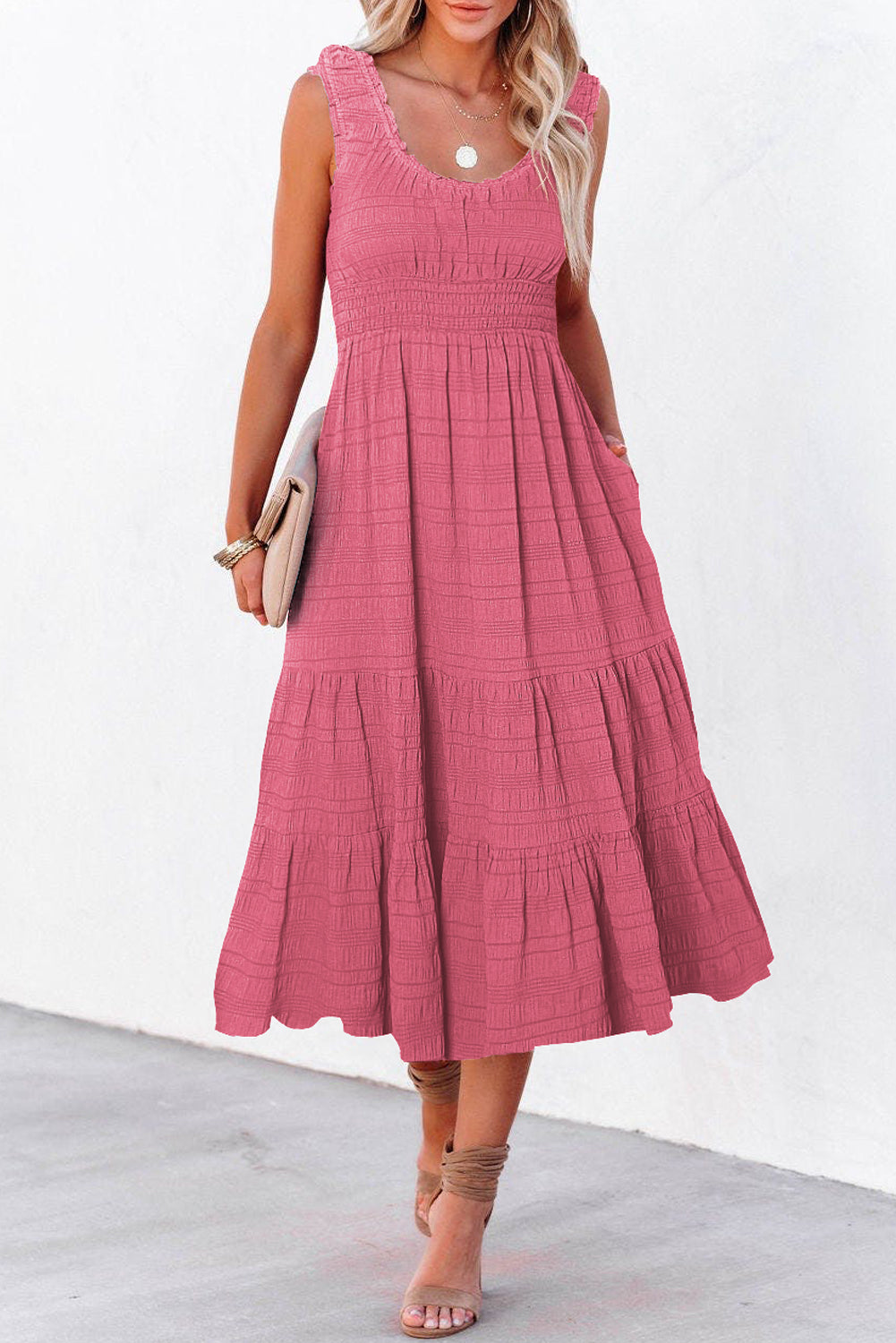 Sky Blue Shirred Pleated Square Neck Sleeveless Midi Dress