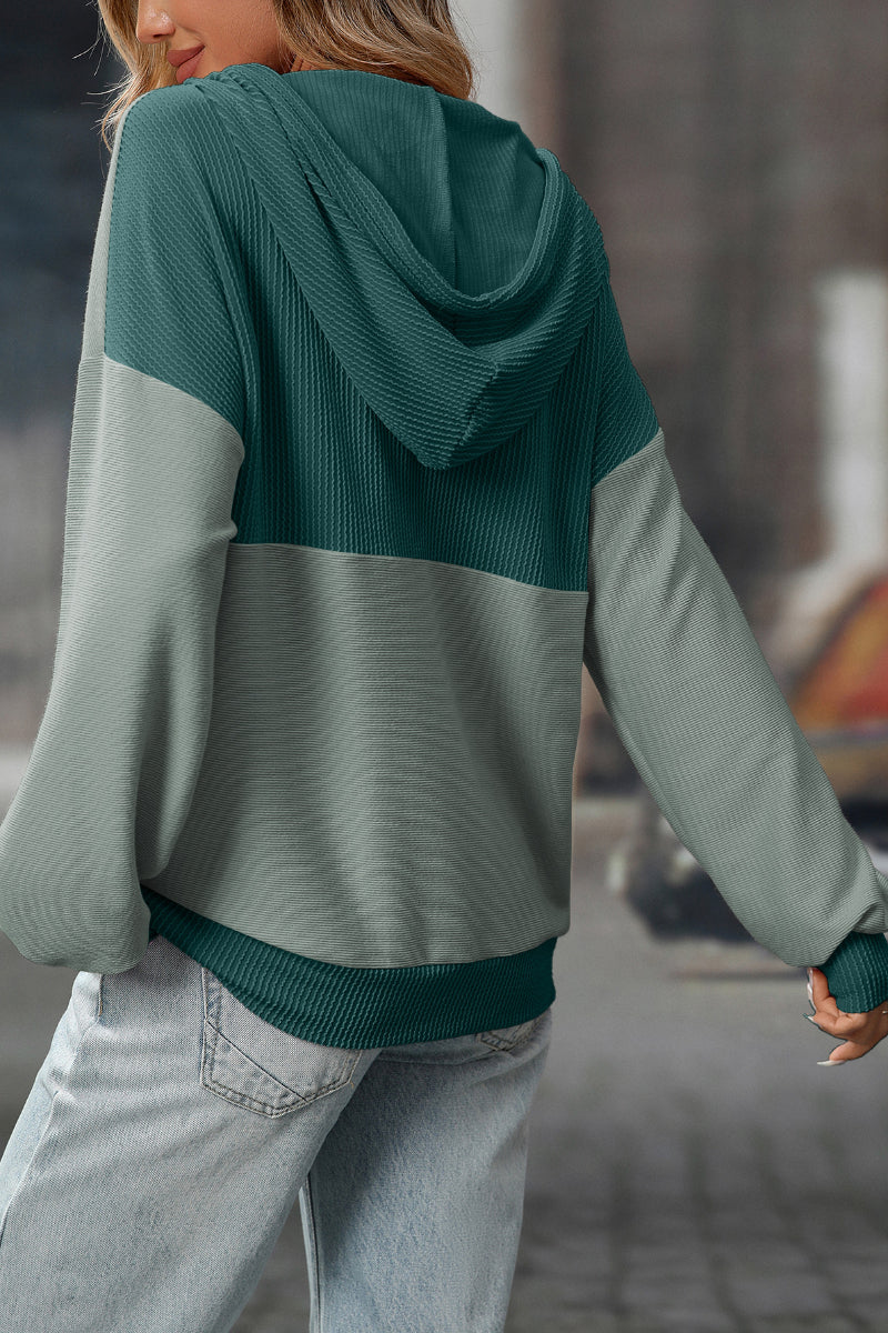 Colorblock Waffle Knit Drawstring Hoodie Pullover Women