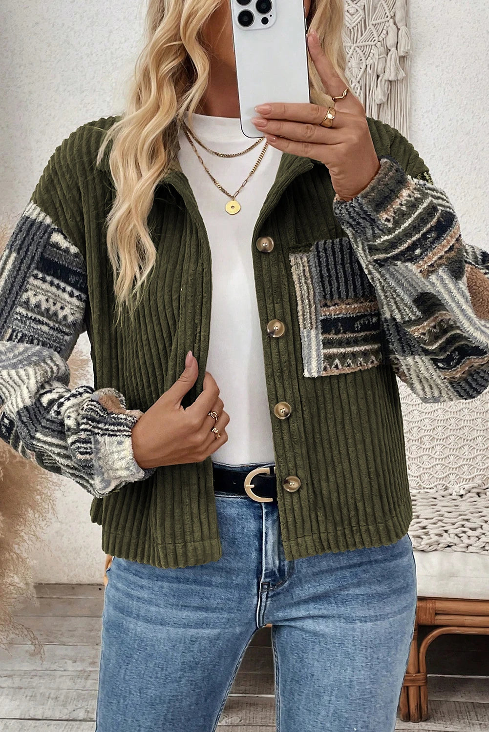 Jungle Green Ribbed Fleece Plaid Print Patchwork Button Up Jacket