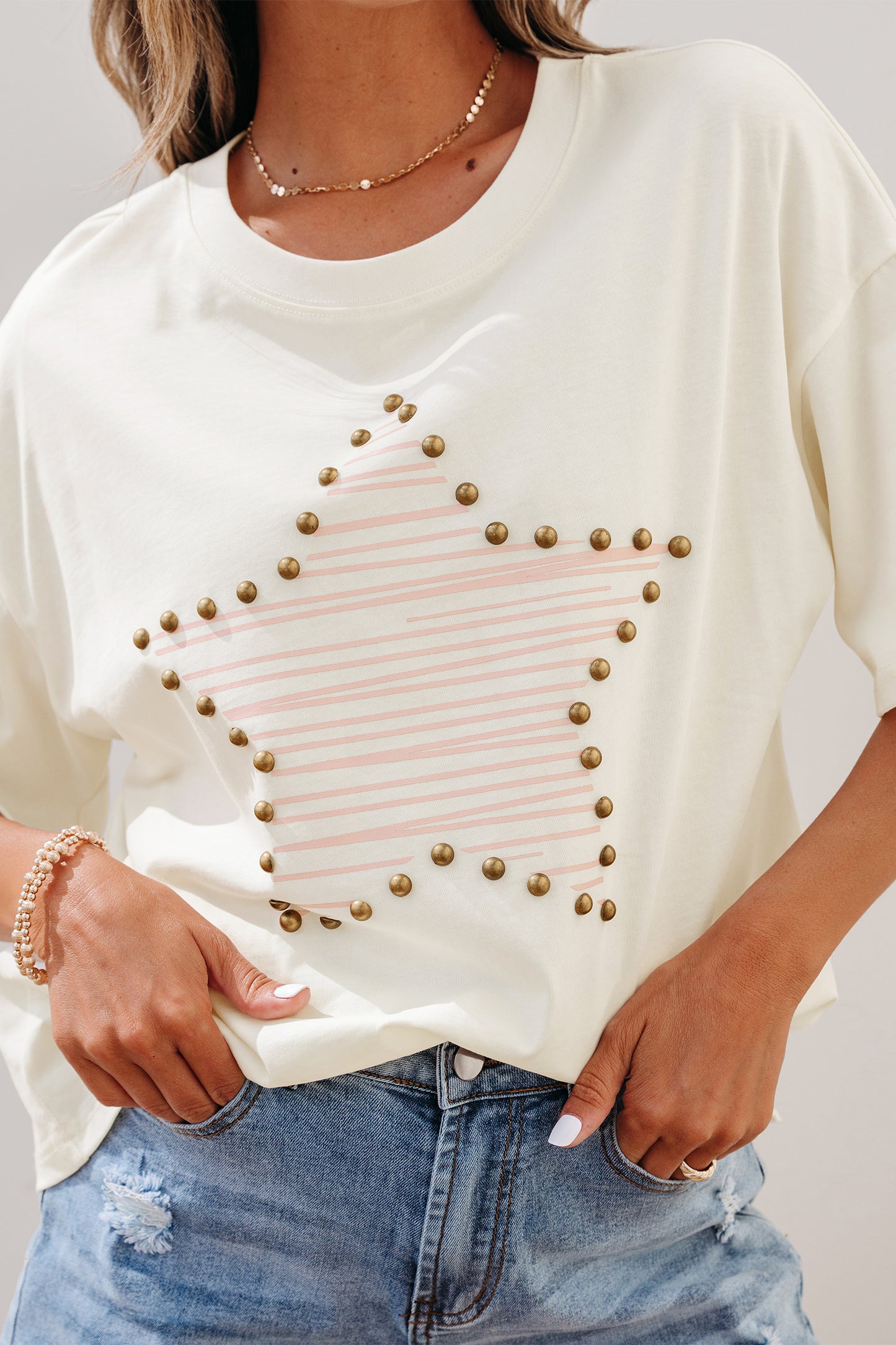 Beige Star Print Stud Detail Cotton Jersey Top