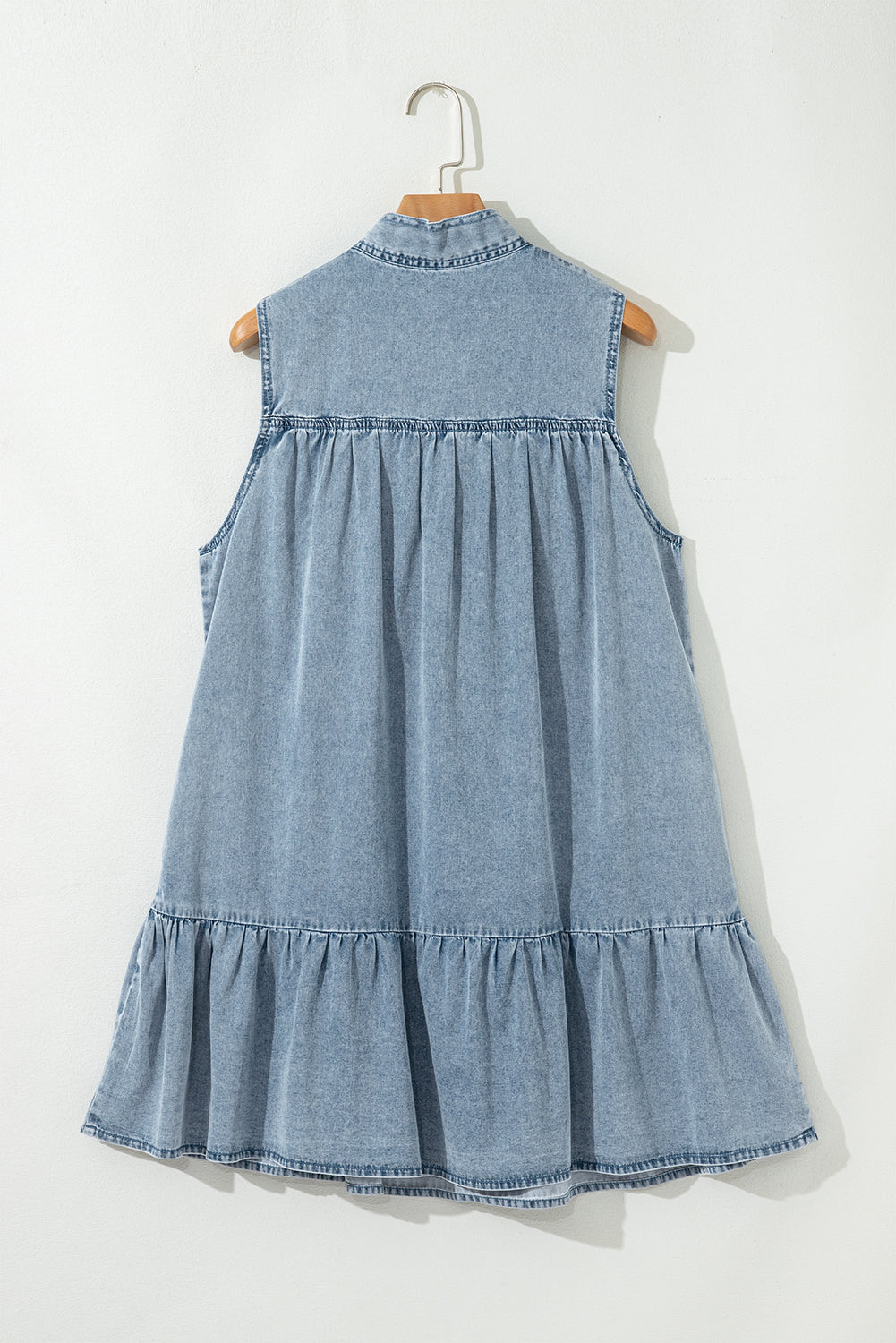 Beau Blue Bowknot Neck Sleeveless Ruffled Chambray Dress
