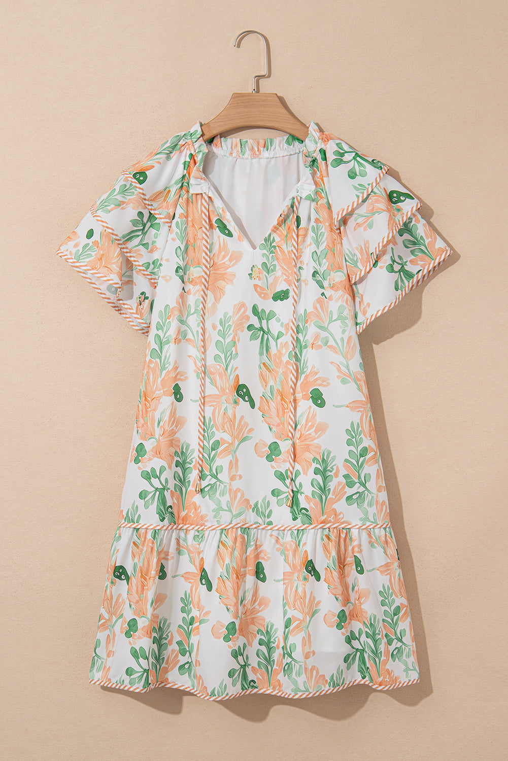 Pink Floral Contrast Edge Layered Short Sleeve Mini Dress