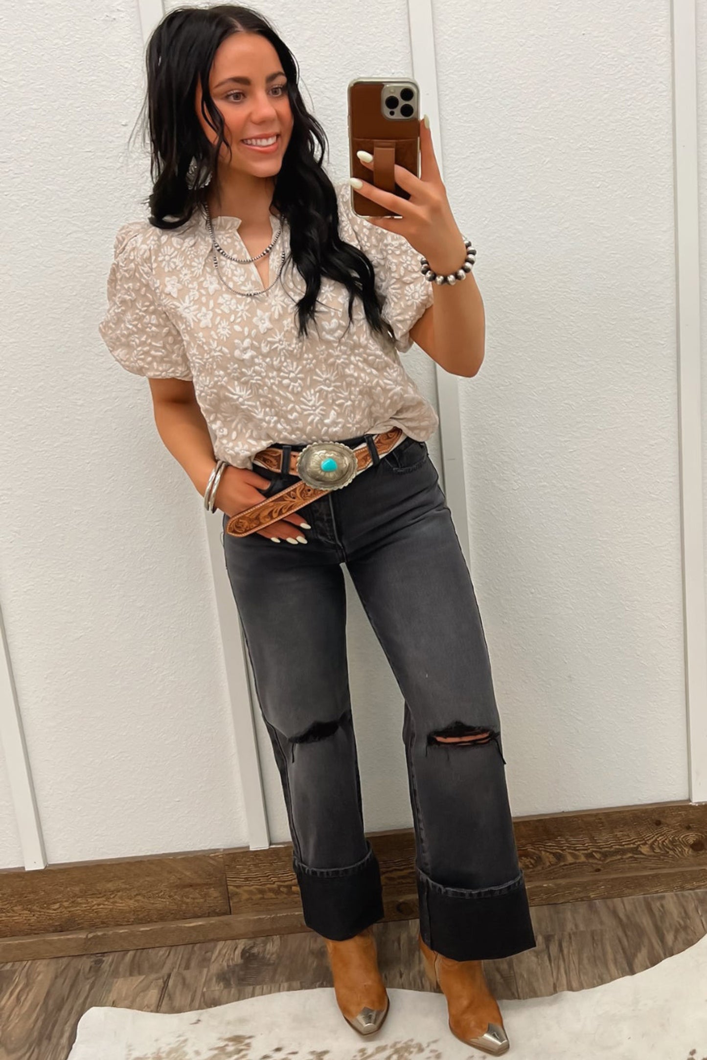 Floral Jacquard Western Blouse Puff Sleeve Top