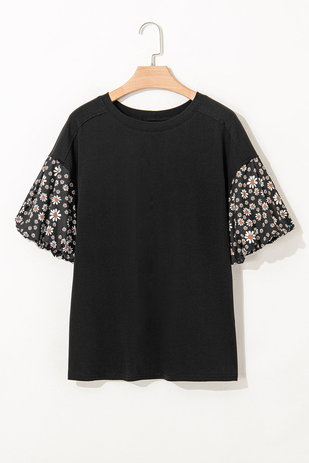 White Contrast Floral Puff Sleeve Oversized Top
