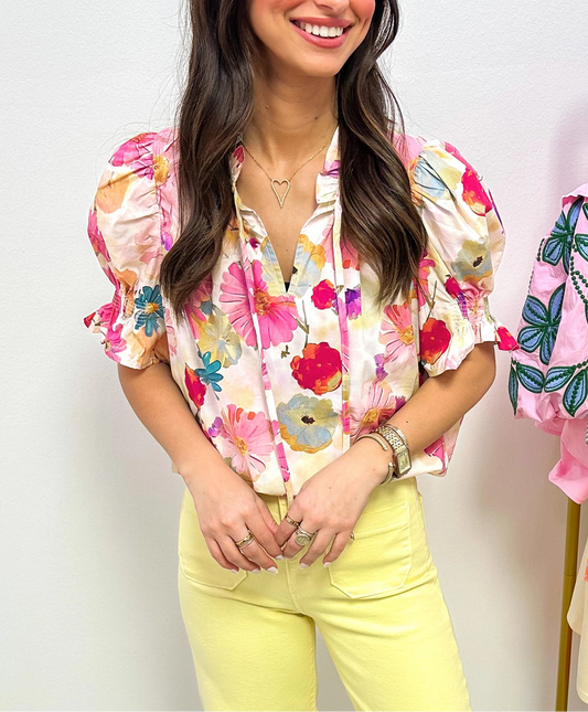 Beige Vibrant Summer Floral Tie V Neck Short Puff Sleeve Blouse