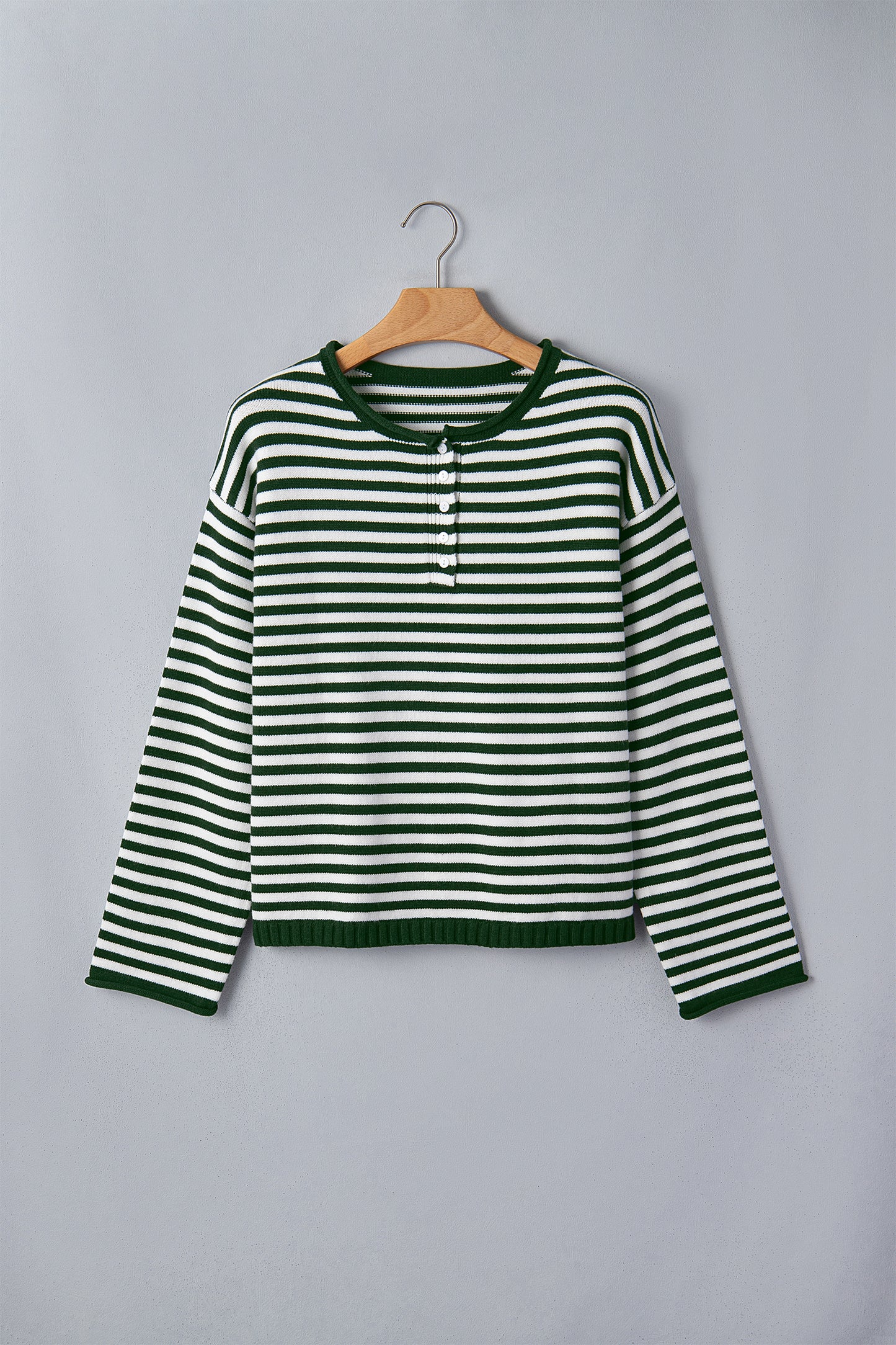 Striped Button Placket Drop Shoulder Long Sleeve Sweater