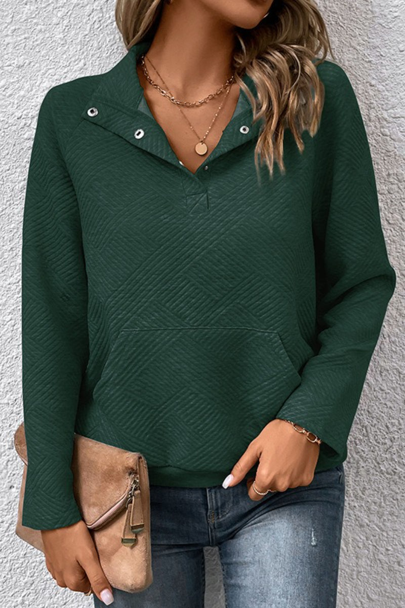 Textured Polyester Sweatshirt Casual Boutique Snap Collar