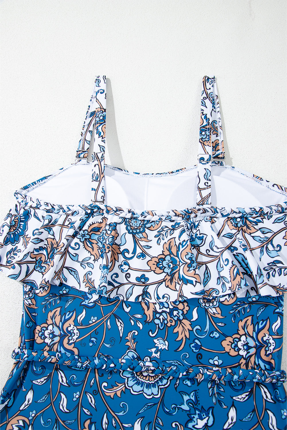 Sky Blue Floral Printed Ruffle Removable Strap One Piece Swimsuit