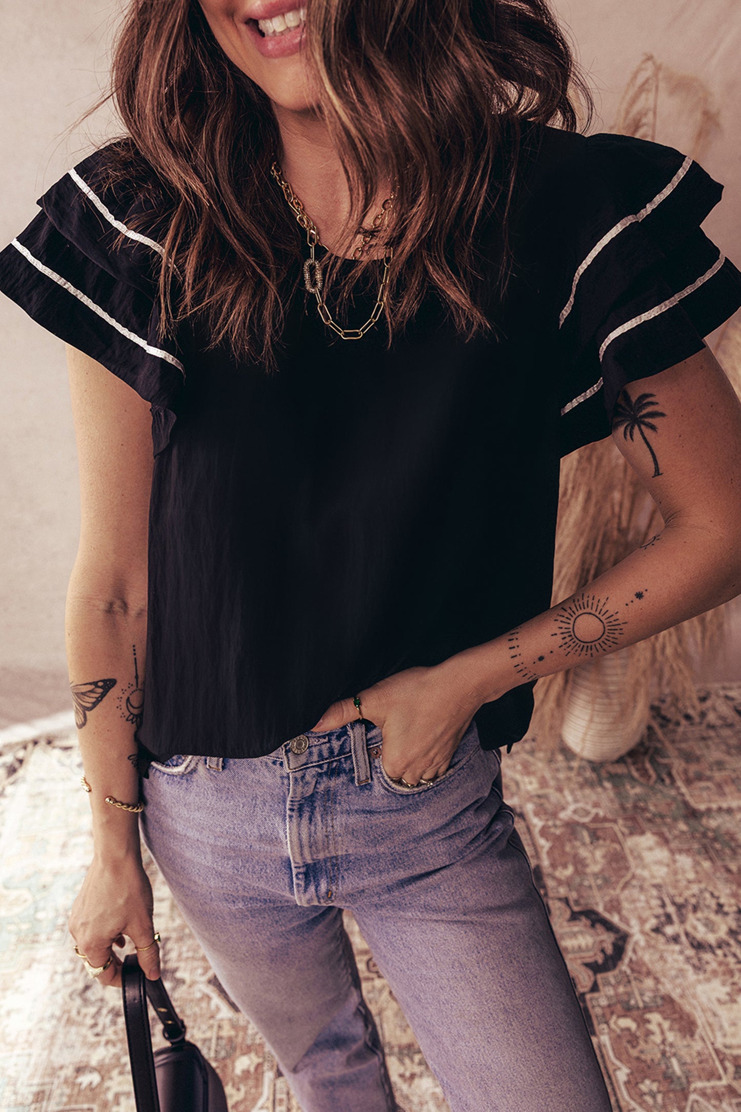 Black Contrast Trim Dual Ruffle Short Sleeve Textured Blouse