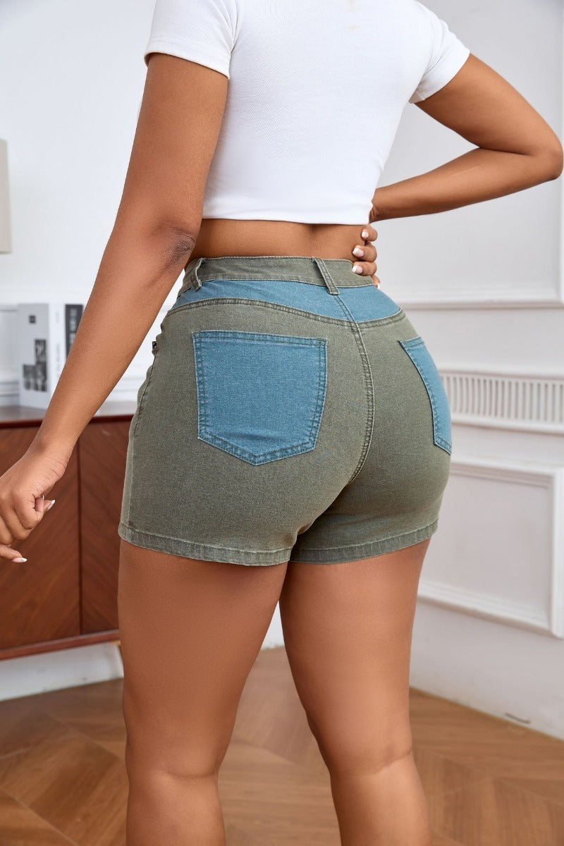 Splicing mid-waist stretch denim shorts women