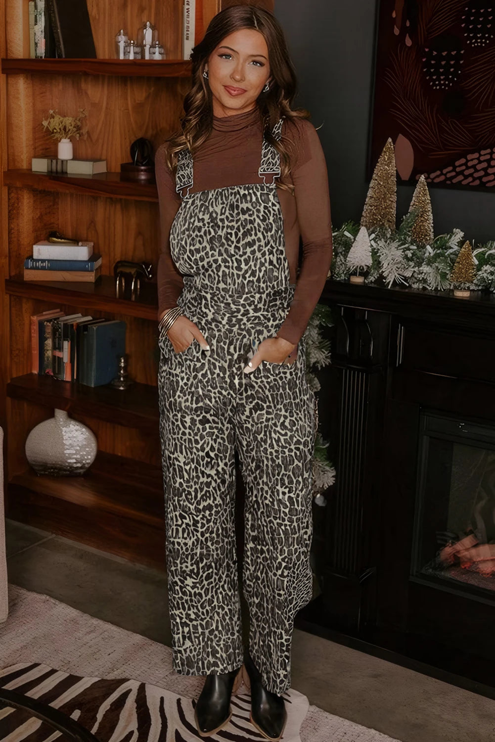 Brown Leopard Print Straight Leg Loose Denim Overall Jumpsuit