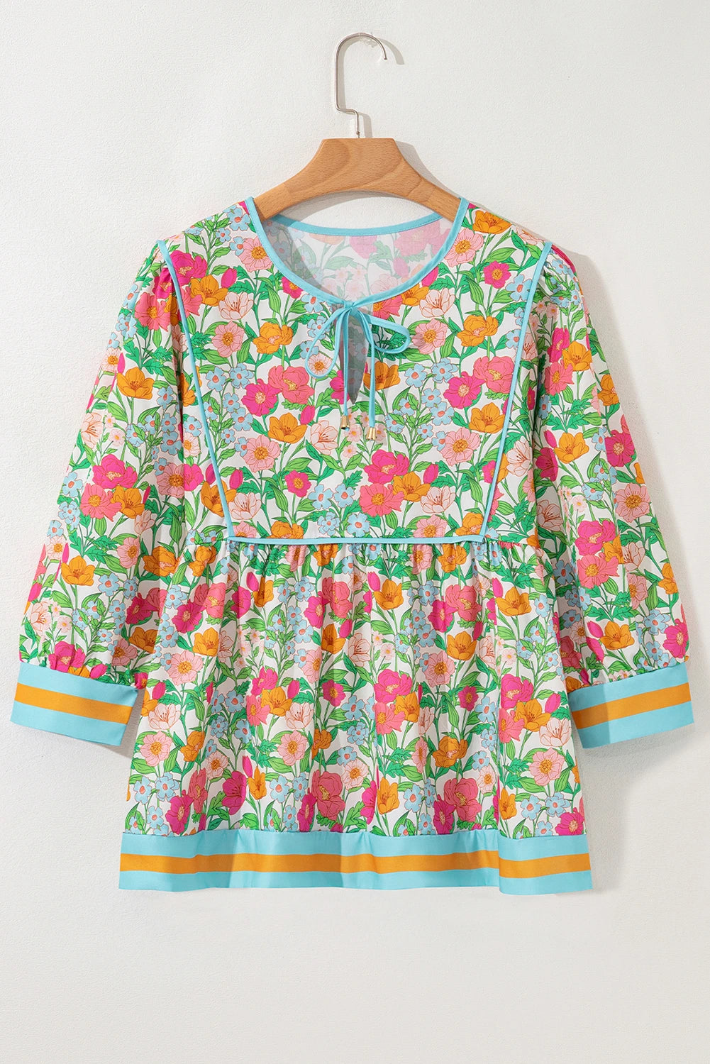 Green Floral Print Striped Trim Tie Neck Puff Sleeve Babydoll Blouse