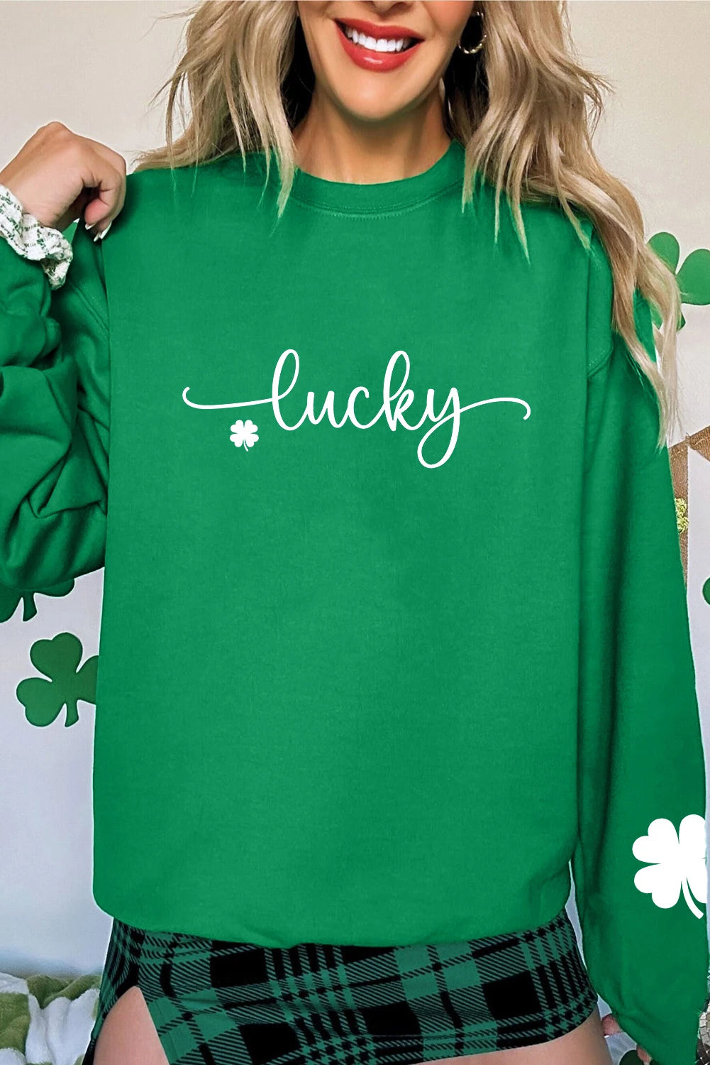 Dark Green Lucky Four Leaf Clover Graphic St Patricks Pullover Sweatshirt