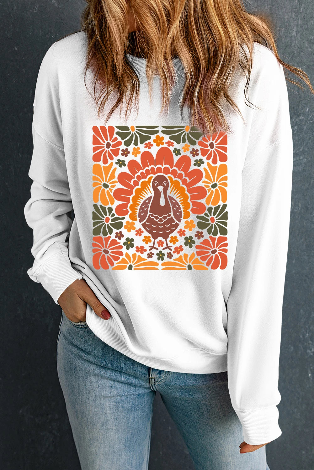 White Thanksgiving Turkey Graphic Holiday Crew Neck Sweatshirt